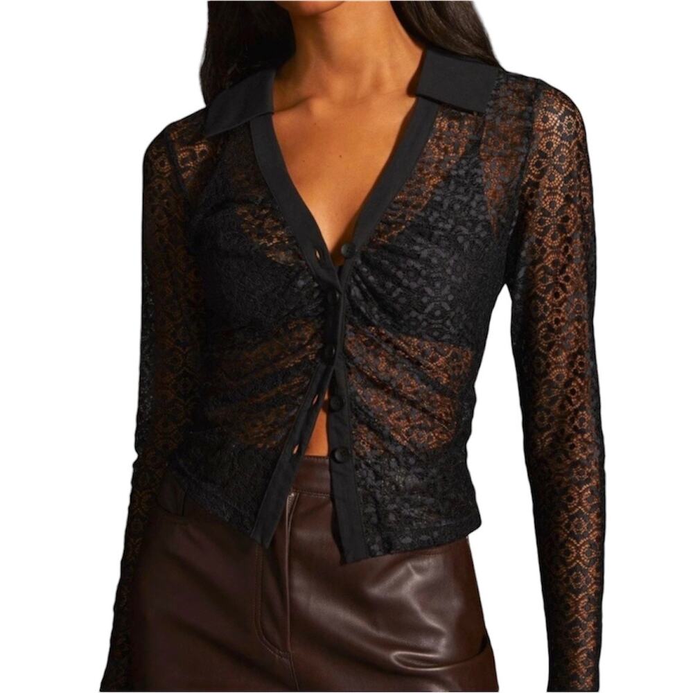 Maeve by Anthropologie Sheer Lace Collared Buttondown Top 1X Plus Sexy Goth